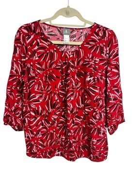 Lightweight Red Abstract-Print V-Neck Blouse by Fair Lady